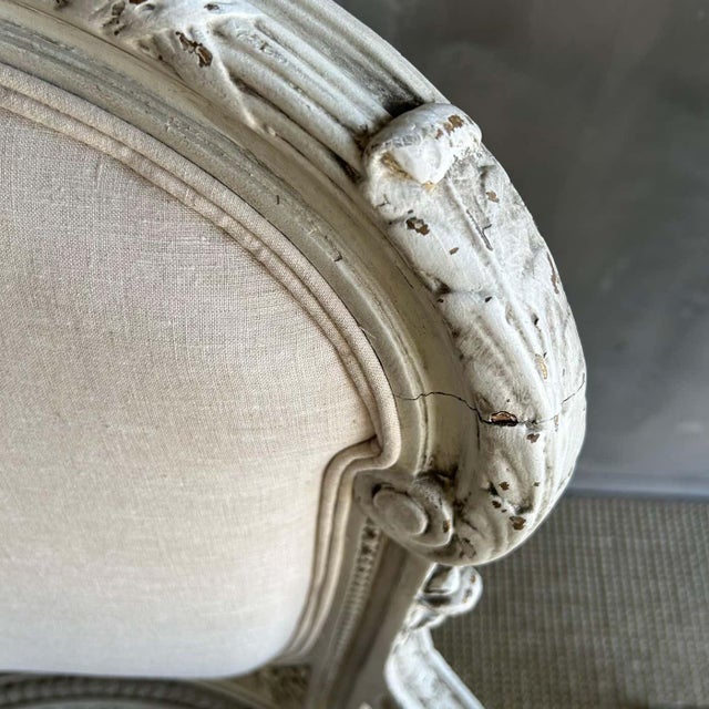 Linen 19th Century Painted French Cane Open Arm Chairs With Linen Upholstery- Set of 2 For Sale - Image 8 of 12