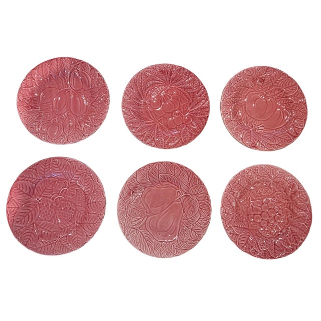 Vintage Set Bordallo Pinheiro Majolica Rose-Pink Plates Each One With Different Fruit - 6 Plates For Sale - Image 11 of 11