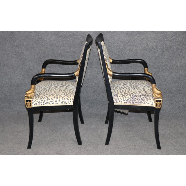 1960s 1960's Set 8 Regency Style Dolphin Head Ebonized & Gold Accent Armchairs For Sale - Image 5 of 16