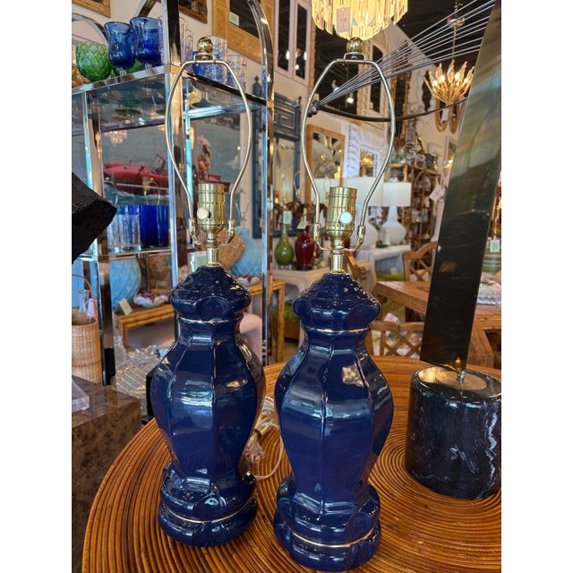 Blue Vintage Palm Beach Pair of Cobalt Blue Ceramic Table Lamps Newly Wired - a Pair For Sale - Image 8 of 10