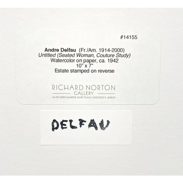 A Stunning 1940s Fashion Illustration Study, Seated Woman in an Interior, by Noted Modern Artist, Andre Delfau For Sale - Image 4 of 4