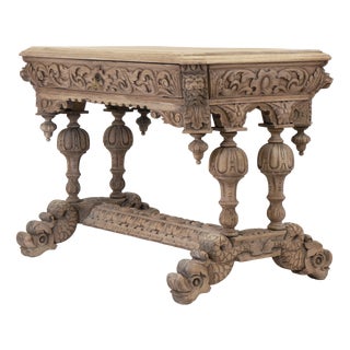 Antique English Bleached Carved Oak Hall Centre Table with Drawer, 1890s For Sale