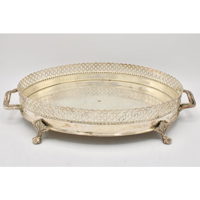Metal Vintage Silver Plate Footed Tray With Gallery For Sale - Image 7 of 12