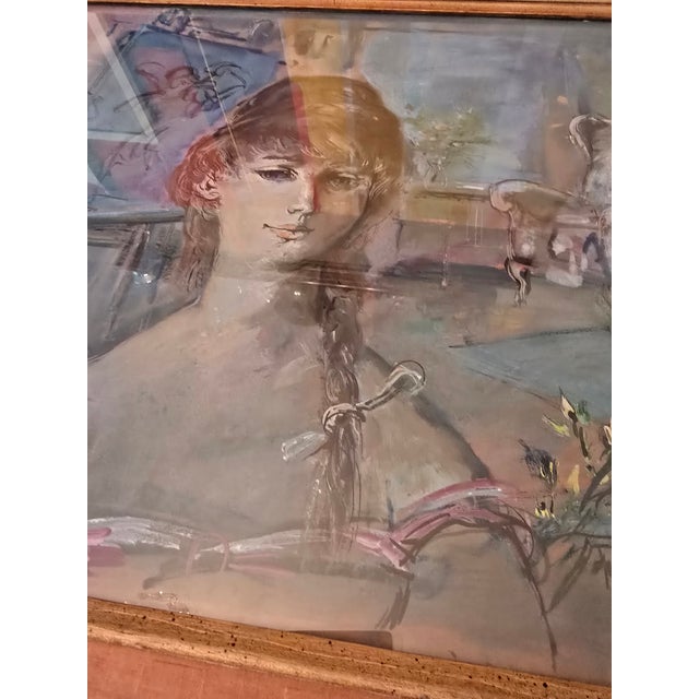Baby Blue Mid Century Modern Signed Painting Girl in Boudoir, Framed For Sale - Image 8 of 12