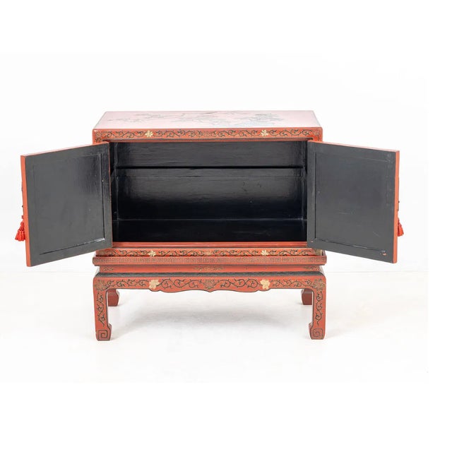 1900 - 1909 Antique Chinese Red Lacquer Painted Cabinet on Stand, Late Qing Dynasty, Circa 1880–1920 For Sale - Image 5 of 8
