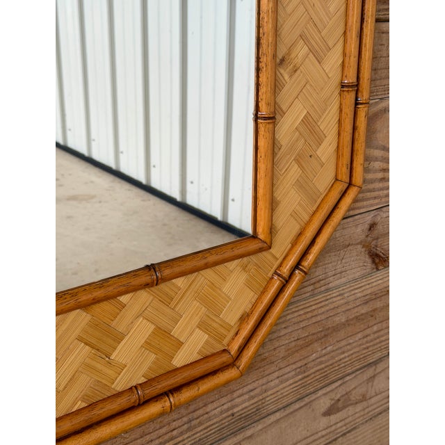 English Vintage Octagonal Faux Bamboo and Woven Rattan Wall Mirror For Sale - Image 3 of 12
