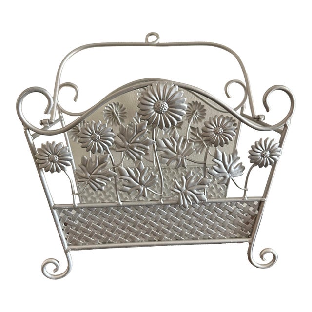 Vintage 20th Century Iron Silver Flowers Magazine Rack/Basket For Sale