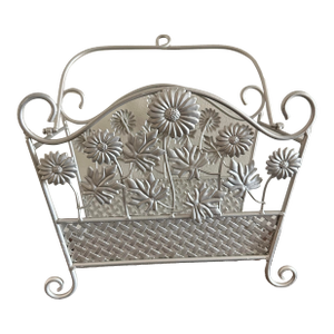 Vintage 20th Century Iron Silver Flowers Magazine Rack/Basket