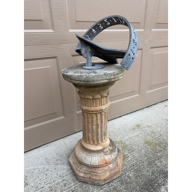 Mid 20th Century Vintage English Country Classical Iron Garden Sundial on Corinthian Column Pedestal For Sale - Image 5 of 10