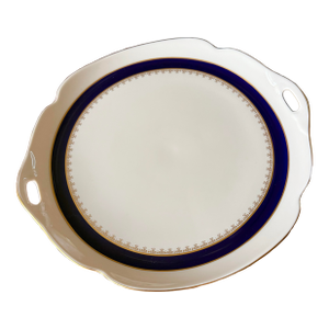 1980s Pickard Bone China Washington Pattern Cobalt and Gold on Ivory Handled Serving / Cake Plate