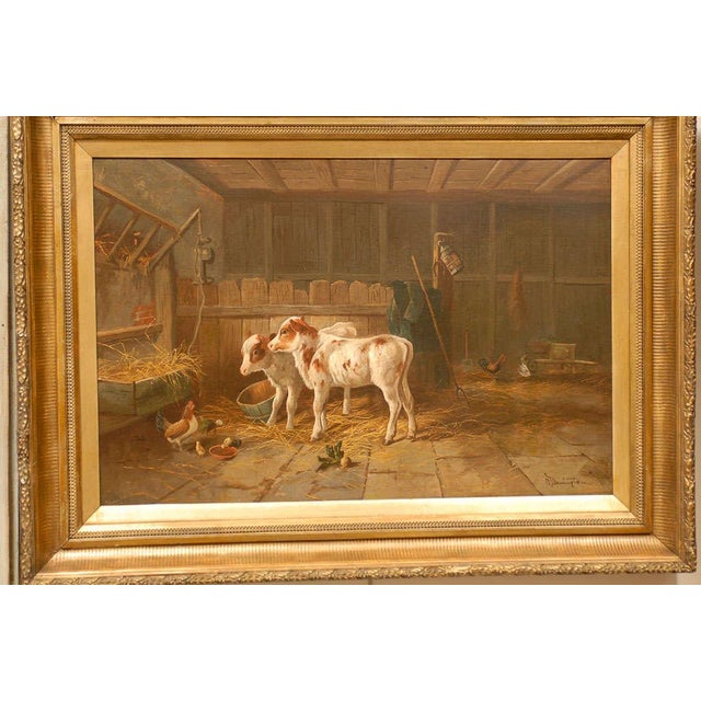 English 19th Century Oil on Canvas Farm Painting Depicting Calves and Chickens For Sale In Atlanta - Image 6 of 9