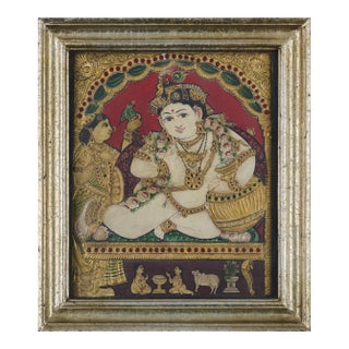 19th Century Tanjore Painting Balakrishna Antique Late Thanjavur India Indian Frame Gilt Wood For Sale