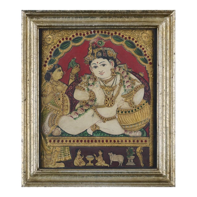 19th Century Tanjore Painting Balakrishna Antique Late Thanjavur India Indian Frame Gilt Wood For Sale