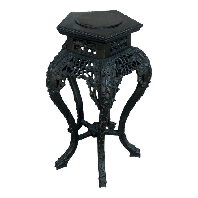 Antique Chinese Ebonized Carved Wood Marble Inset Plant Stand For Sale