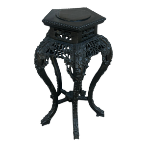 Antique Chinese Ebonized Carved Wood Marble Inset Plant Stand