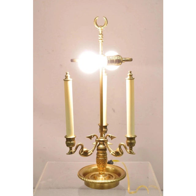 Vintage Empire Regency Style Brass Candlestick Bouillotte Desk Table Lamp with Swans (A). Item features 3 decorative...