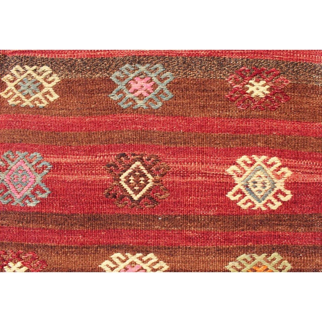 Colorful Red and Brown Striped Turkish Kilim Rug With Geometric Shapes For Sale - Image 11 of 13