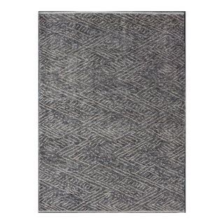 Indian Modern Casual Gray-Blue Area Rug With Minimal Crosshatch Design For Sale