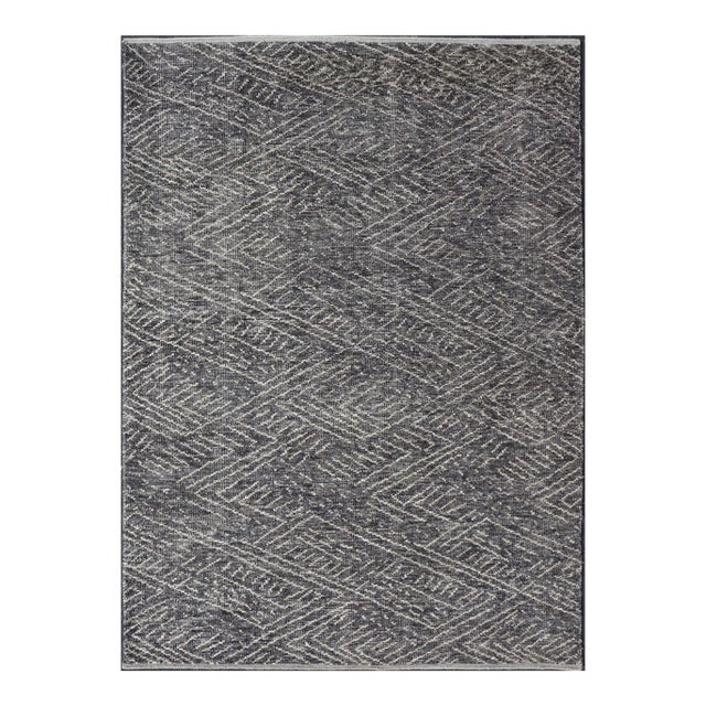 Indian Modern Casual Gray-Blue Area Rug With Minimal Crosshatch Design For Sale