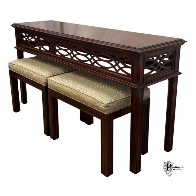 Henkel Harris Vintage Henkel Harris Virginia Galleries Collection Chippendale Style Mahogany Console Table & Pair of Upholstered Stools For Sale - Image 4 of 12