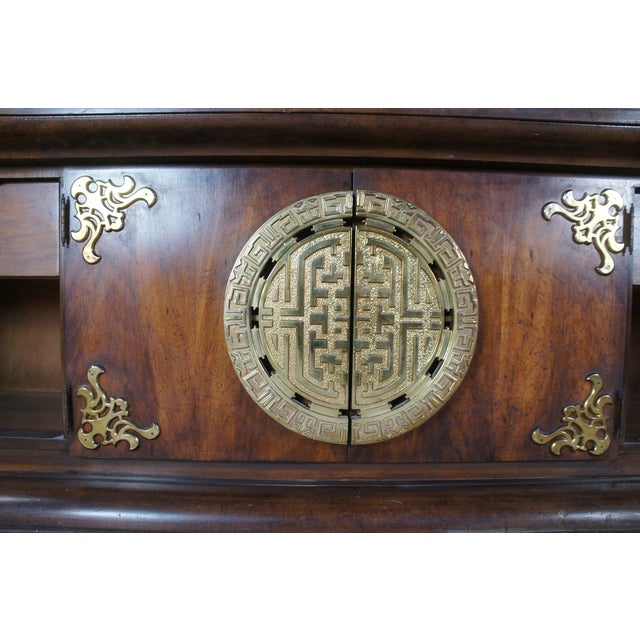 1970s Oak Chinese Chinoiserie Shou Ming Style China Display Cabinet Credenza 84" For Sale - Image 6 of 16