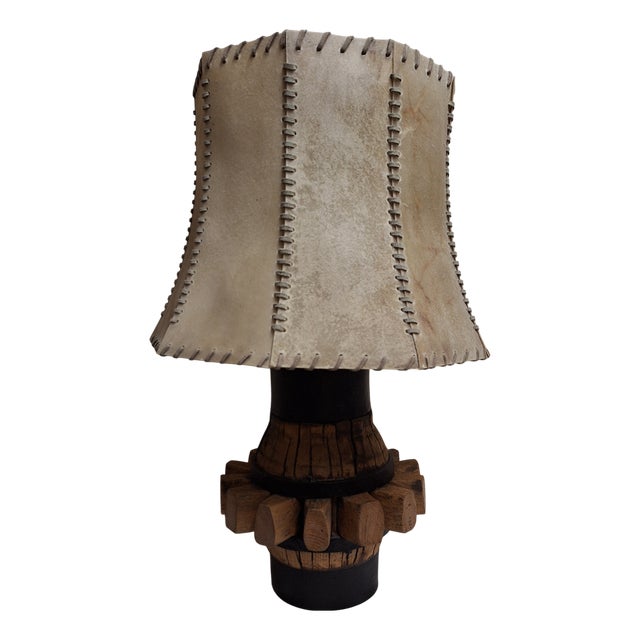 Rustic German Table Lamp with Oak Base, 1960s For Sale