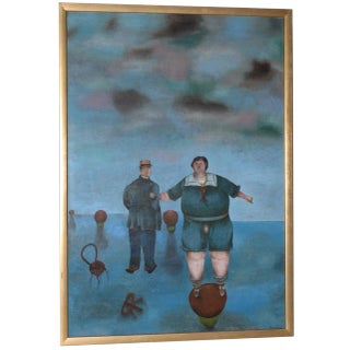 Surreal Landscape W/ Figures by Rachid Kamoun C.1959 Style of Gertrude Abercorombie For Sale