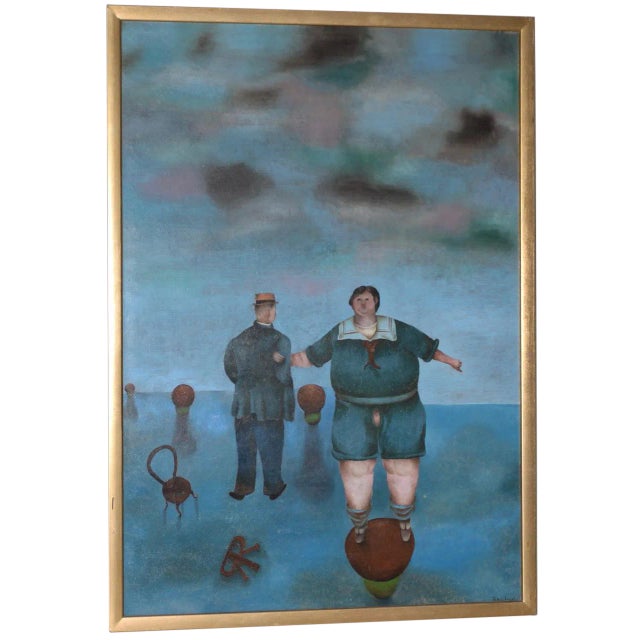 Surreal Landscape W/ Figures by Rachid Kamoun C.1959 Style of Gertrude Abercorombie For Sale