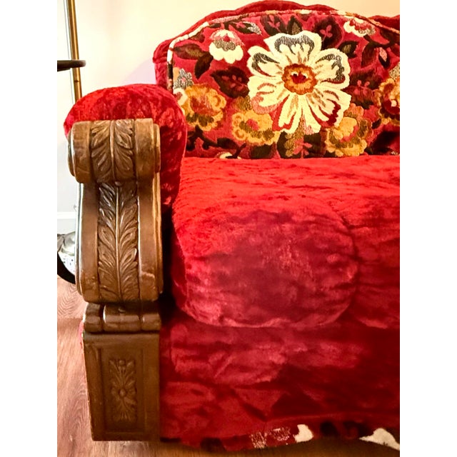 1970s Singer Furniture Ruby Velvet Sofa With Carved Wood Frame For Sale - Image 4 of 7