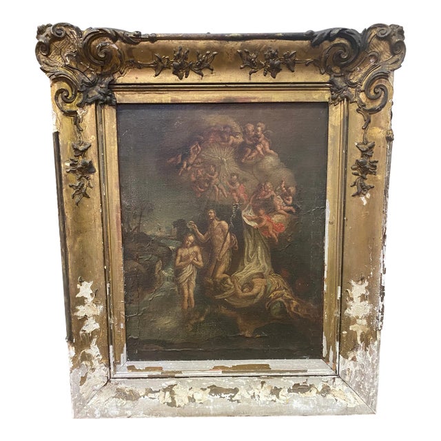17th Century Framed Oil Painting on Canvas Baptism of Christ by John the Baptist For Sale