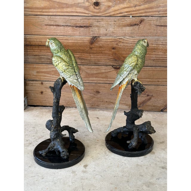 Bronze Late 20th Century Coastal Tropical Bronze Hand Painted Parrot Statues on Marble Bases-Pair For Sale - Image 8 of 12