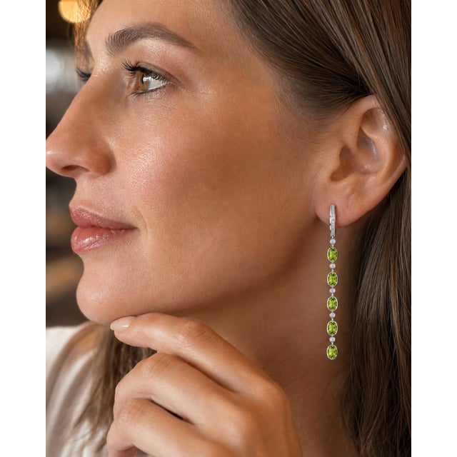 Metal Peridot Huggie Drop Earrings, Silver, Gold, Pair For Sale - Image 7 of 8
