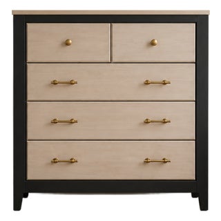 Late 20th Century Refinished Modern Two-Tone Maple & Black 5-Drawer Chest Dresser With Brass Hardware For Sale
