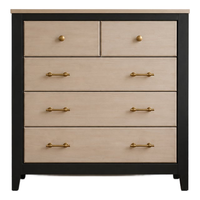 Late 20th Century Refinished Modern Two-Tone Maple & Black 5-Drawer Chest Dresser With Brass Hardware For Sale