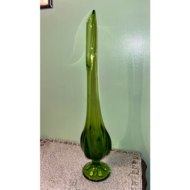 1970s Mid Century Viking Style Swung Glass Vase Chartreuse to Emerald Green Pedestal Art Glass 13.5” For Sale - Image 5 of 6