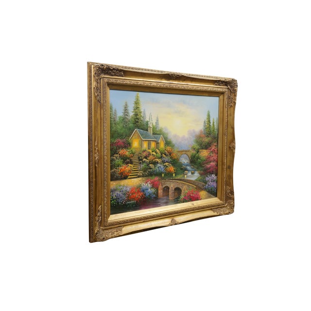 Vintage C. Jaffey oil painting on canvas featuring a serene, picturesque cottage scene with vibrant flowers and a flowing...
