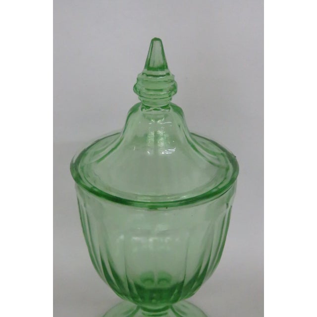 Green Paneled Depression Glass Candy Dish Footed Jar With Pointed Lid 4844b For Sale - Image 11 of 14