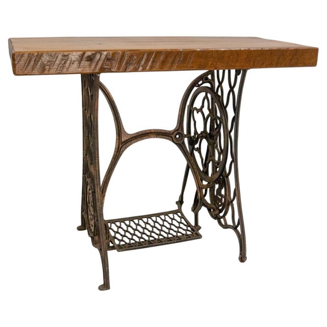 Vintage French Wrought Iron and Oak Side Table with Sewing Machine Base, 1960s For Sale - Image 10 of 10