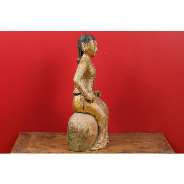 Burmese 19th Century Hand Carved, Gilded and Painted Sculpture of a Seated Woman For Sale - Image 4 of 13