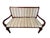 Elegant vintage Regency-style upholstered settee featuring a warm mahogany-finished wood frame, gracefully curved open...