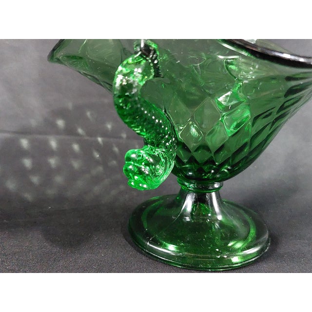 Mid-Century Modern Vintage Fenton Dolphin Green Uranium Glass Two Handled Crimped Bowl For Sale - Image 3 of 11