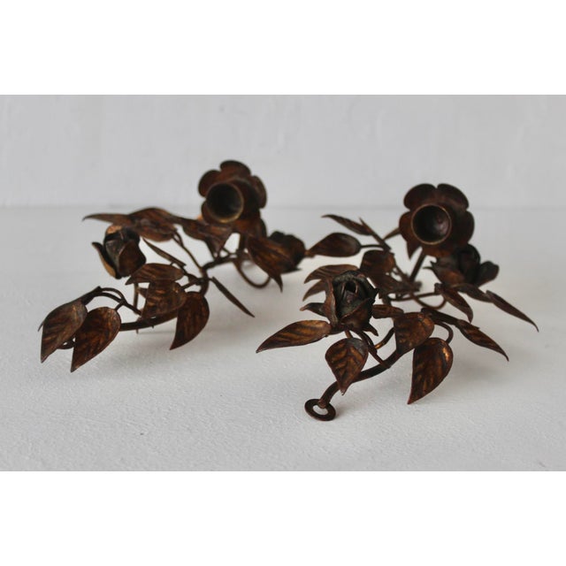 Late 20th Century Hans Kögl Style Gilded Flowers Stems Leaves Wall Mount Candle Holders Sconces - a Pair For Sale - Image 15 of 18