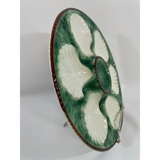 Ceramic Antique 1920s French Longchamp Majolica Green and White Oyster Plate For Sale - Image 7 of 13