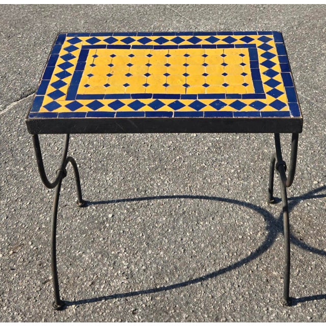 Handcrafted Moroccan Mosaic Tile Accent Table / Plant Stand – Blue & Yellow For Sale In Orlando - Image 6 of 6
