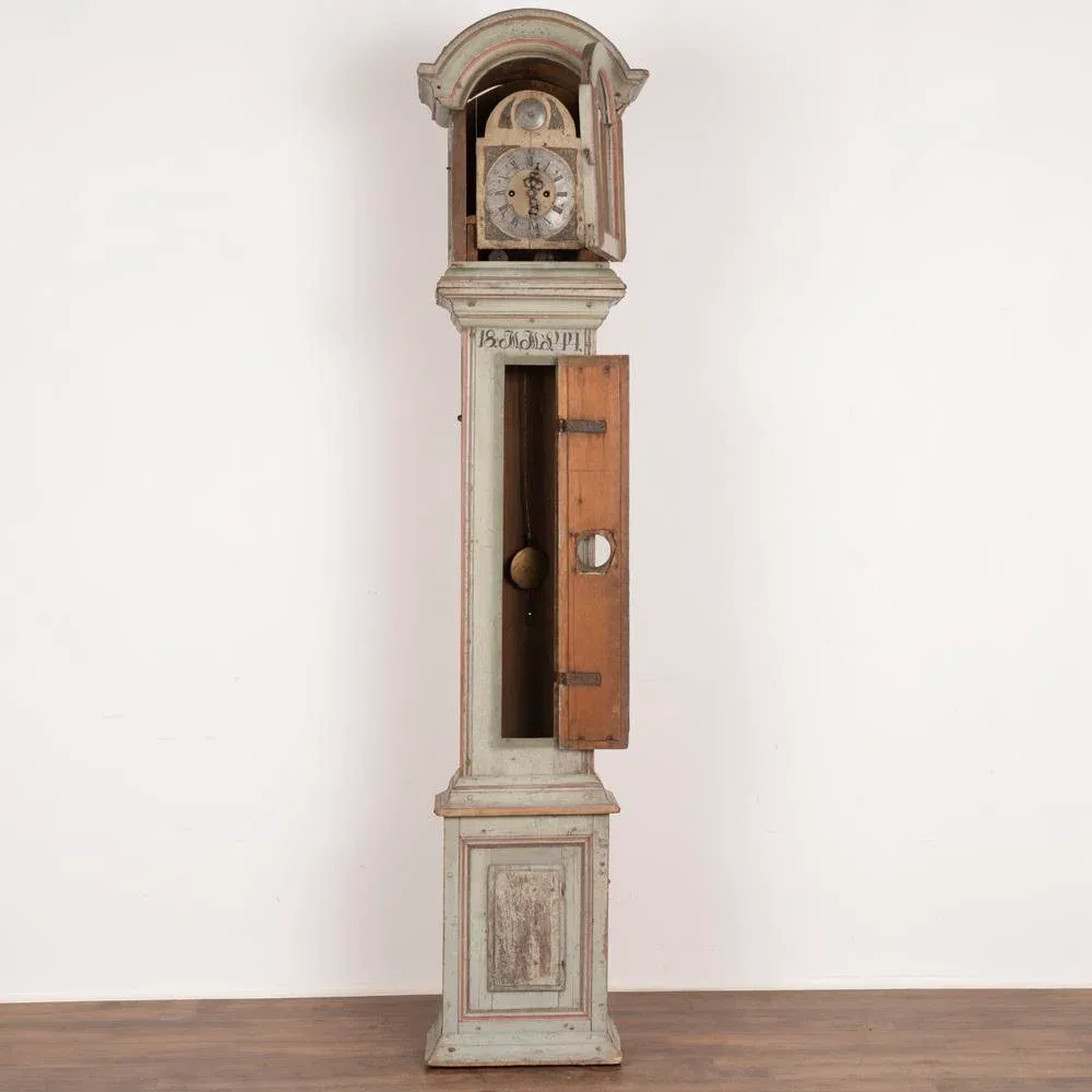 Antique Original Blue Painted Grandfather Clock, Sweden Dated 1844
