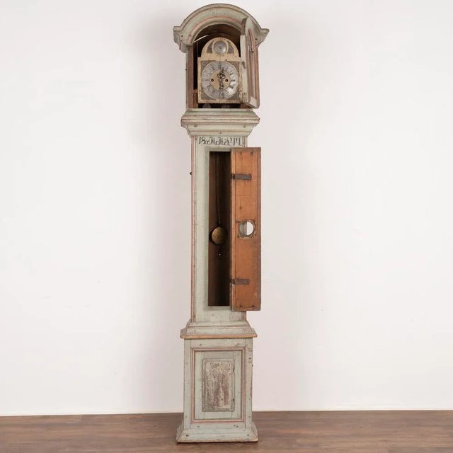 Gustavian (Swedish) Antique Original Blue Painted Grandfather Clock, Sweden Dated 1844 For Sale - Image 3 of 12