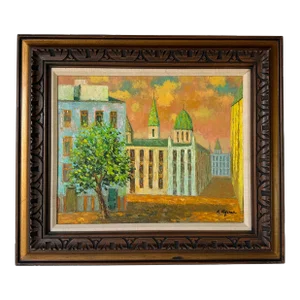 1970's Vintage R. Lafores Cityscape - Street Scene Oil Painting, Framed