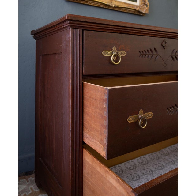 Antique Chest of Drawers With Eastlake Carvings and Brass Hardware For Sale - Image 10 of 17