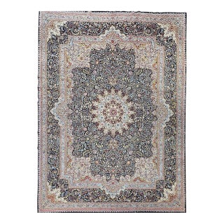 Antique Oversized Persian Kerman Lavar Rug, Hand-Knotted Wool, Millefleur Floral Pattern, Navy & Ivory, 10x14 For Sale