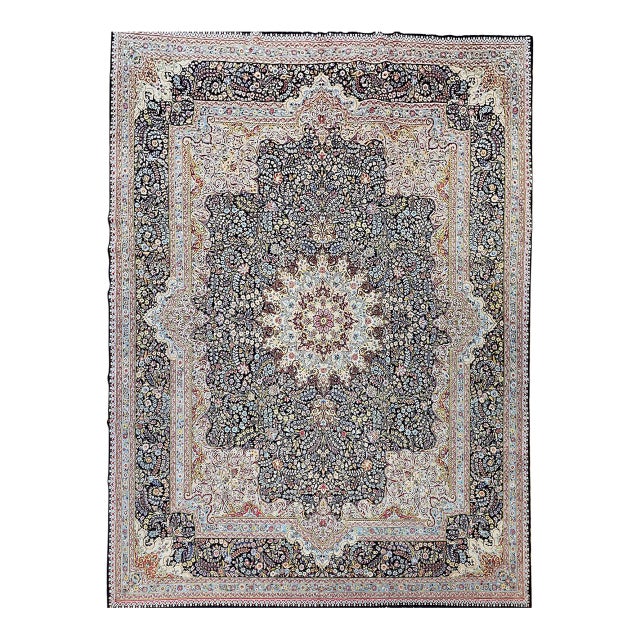 Antique Oversized Persian Kerman Lavar Rug, Hand-Knotted Wool, Millefleur Floral Pattern, Navy & Ivory, 10x14 For Sale